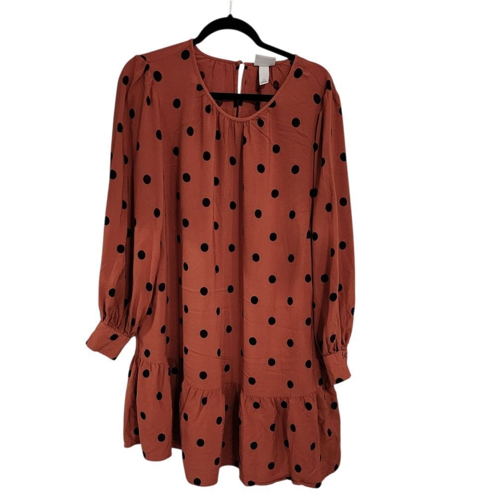 Ava & Viv Mini Dress 1X orange Black Polka Dot Long Sleeve Ruffled Bottom Pocket